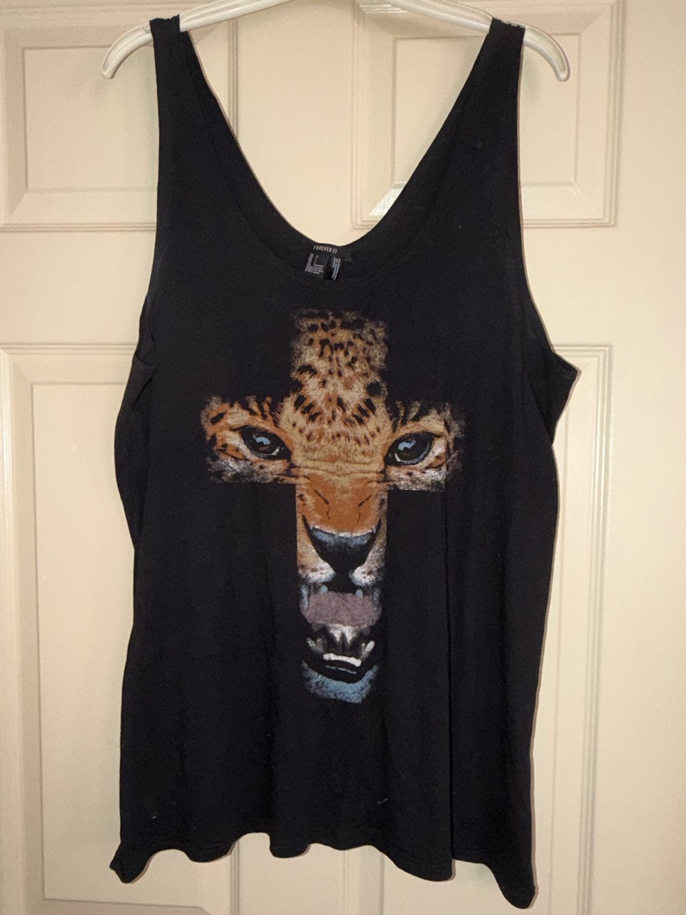 Black Graphic Tank Top with Leopard Cross Print